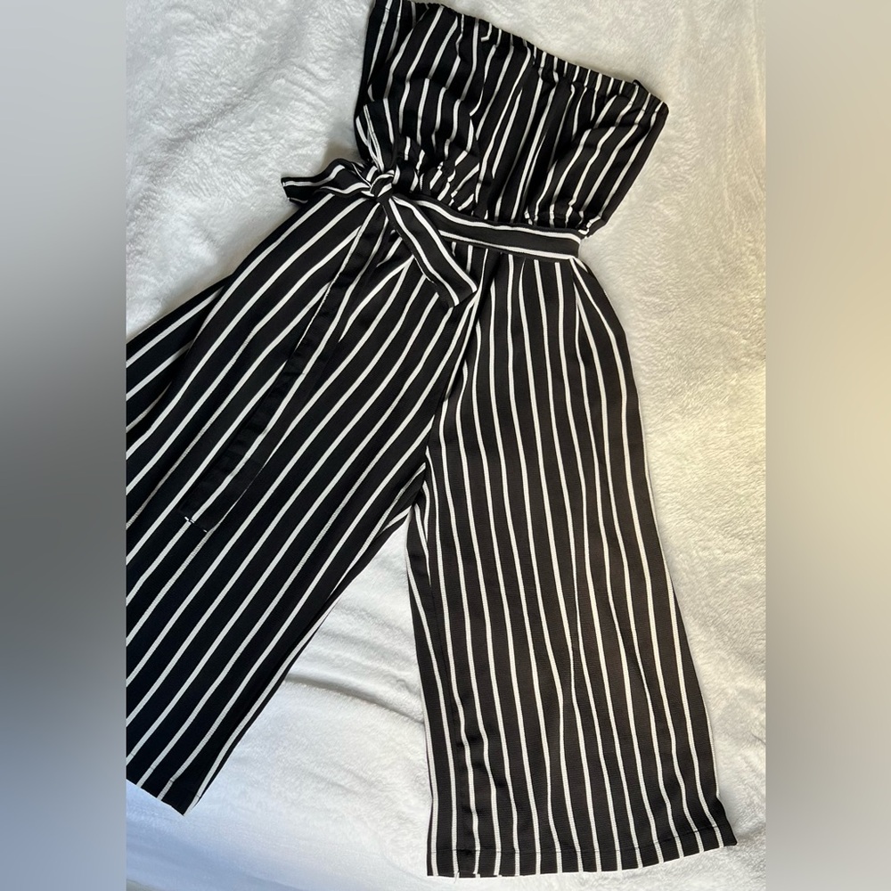 Ambiance Striped Wide Leg Strapless Jumpsuit